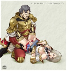 armor ashelia_b'nargin_dalmasca azasuke belt blonde_hair blue_eyes bondage boots bound_wrists bracer bracers cape censored clothed_sex final_fantasy final_fantasy_xii gloves gold_armor gray_hair grey_hair highres judge_ghis lying miniskirt missionary no_panties on_back open_mouth penis pubic_hair rape scream screaming sex skirt smile stocks thighhighs vaginal_penetration