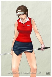 azasuke bare_shoulders between_legs blouse brown_eyes brown_hair closed_eyes earrings gloves golf_club highres hot_shots_golf hot_shots_golf_fore! jewelry kyouko_(hot_shots_golf) masturbation open_mouth skirt skirt_lift solo standing visor