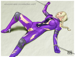 azasuke bare_shoulders blonde_hair blue_eyes bodysuit bondage bound_wrists braid breasts censored cuffs erect_nipples female handcuffs highres leg_lift long_hair lying nina_williams no_bra no_panties on_back ponytail pubic_hair pussy skin_tight solo tekken tied_hair torn_clothes