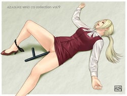 azasuke black_panties blonde_hair blue_eyes censored female formal high_heels high_resolution insertion leg_lift long_hair lying nina_williams on_back panties panties_around_leg panties_around_one_leg penetration ponytail pussy shaved_pussy shoes skirt skirt_lift solo suit tekken tied_hair tonfa underwear vaginal_penetration weapon