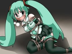 arms_behind_back bondage clothes gag gagged green_hair hair hatsune_miku lili_(artist) lilish rope school_uniform schoolgirl tape_gag tears thighhighs tied_hair twintails vocaloid zettai_ryouiki