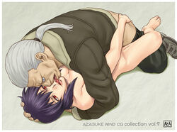 ass ass_grab azasuke batou boots breasts cleavage clothed_sex cyborg ghost_in_the_shell ghost_in_the_shell_stand_alone_complex gray_hair grey_hair groping hand_on_head highres hug kissing kusanagi_motoko lying missionary nude ocular_implant on_back ponytail purple_hair red_eyes sex short_hair tied_hair tongue