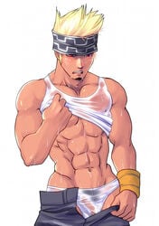 1boy bara blonde_hair briefs currysyu facial_hair human male male_only muscle partially_clothed solo sweat tight_clothes transparent_clothing underwear wet white_underwear