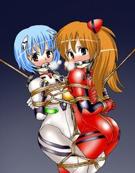 2girls arms_behind_back asuka_langley_sohryu azuka ball_gag blush bondage bound_legs bound_together bound_wrists box_tie clothing female_only femsub gag gagged multiple_girls multiple_subs neon_genesis_evangelion plugsuit rei_ayanami rope small_breasts straight_hair