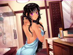 1girls bathroom black_hair breasts dutch_angle female female_only huniepop kyanna_delrio latina long_hair purple_eyes solo towel violet_eyes