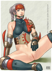 armor azasuke bare_shoulders blue_eyes bottomless braid capcom censored elbow_gloves female gloves gray_hair grey_hair headband headguard high_resolution kuroobi_(armor) midriff monster_hunter monster_hunter_g navel no_panties ponytail pussy shaved_pussy sitting solo spread_legs thighhighs tied_hair