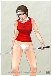 azasuke bare_shoulders between_legs blouse bottomless brown_eyes brown_hair earrings gloves golf_club highres hot_shots_golf hot_shots_golf_fore! jewelry kyouko_(hot_shots_golf) looking_at_viewer masturbation open_mouth panties solo standing underwear visor white_panties