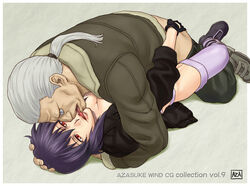 ass ass_grab azasuke batou boots breasts cleavage clothed_sex cyborg fingerless_gloves ghost_in_the_shell ghost_in_the_shell_stand_alone_complex gloves gray_hair grey_hair groping hand_on_head highres hug jacket kissing kusanagi_motoko lying missionary ocular_implant on_back ponytail purple_hair red_eyes sex short_hair thighhighs tied_hair tongue