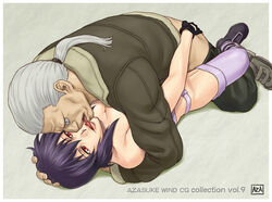 ass ass_grab azasuke batou boots breasts cleavage clothed_sex cyborg fingerless_gloves ghost_in_the_shell ghost_in_the_shell_stand_alone_complex gloves gray_hair grey_hair groping hand_on_head highres hug kissing kusanagi_motoko lying missionary ocular_implant on_back ponytail purple_hair red_eyes sex short_hair thighhighs tied_hair tongue