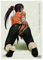 all_fours anus ass ass_grab azasuke bleach censored dark-skinned_female dark_skin female from_behind groping highres latex long_hair looking_back no_panties ponytail pubic_hair purple_hair pussy shihouin_yoruichi skin_tight smile solo tied_hair torn_clothes yellow_eyes