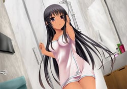 1girls bathroom black_hair breasts dutch_angle female female_only huniepop kyanna_delrio latina long_hair purple_eyes solo towel violet_eyes