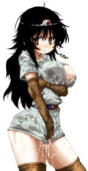 black_hair blush bottomless breast_hold breasts bukkake clothing cum cum_on_body cum_on_breasts cum_on_upper_body druaga_no_tou facial hirowa_nagi ki_(druaga) large_breasts long_hair stockings thighhighs zettai_ryouiki