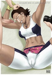 1girls armpits arms_up azasuke bike_shorts brown_hair cameltoe camera censored clenched_teeth closed_eyes cum cum_on_body cum_on_closed_eye cum_on_upper_body cumdrip dark-skinned_female dark_skin erect_nipples eureka_7 eureka_seven eureka_seven_(series) faceless_male facial female gloves hair_pull hand_on_head highres hilda_(eureka_seven) human interracial jewelry lying male midriff mosaic_censoring navel necklace on_back penis pubic_hair rape shorts skin_tight solo_focus spandex spread_legs straight sweat sweater_around_waist tank_top