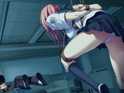 1boy arms_behind_back bondage circle_hitori classroom clothing feet_on_table female femsub maledom panties rope skirt source_request soushinjutsu_3 tied_up underwear upskirt uwabaki