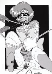 1990s 1993 20th_century ami_mizuno azami_tarou bishoujo_senshi_sailor_moon blindfold bondage clothing collar cum female highres human leash male monochrome penis sailor_mercury skirt small_breasts smooth_skin straight vibrator