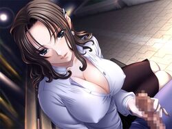 bench black_eyes black_hair blouse breasts censored cleavage dark_penis earrings erect_nipples game_cg handjob interracial jewelry large_breasts long_nails office_lady penis public sano_toshihide shichinin_no_online_gamers