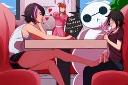 2girls age_difference asian assertive barefoot baymax big_hero_6 blush cum cum_between_toes cum_on_feet disney english_text feet female footjob gogo_tomago gym_shorts hiro_hamada human male marvel multiple_girls penis public smug stealth_sex straight tagme text toes two_tone_hair under_the_table youngjaerome