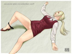 azasuke black_panties blonde_hair blue_eyes censored death_by_degrees female formal high_heels high_resolution leg_lift long_hair lying namco nina_williams on_back panties panties_around_leg panties_around_one_leg ponytail pussy shaved_pussy shoes skirt skirt_lift solo suit tekken tekken_2 tekken_3 tekken_4 tekken_5_dark_resurrection tekken_tag_tournament tied_hair underwear