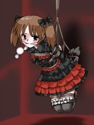 1girls arms_behind_back blush bondage bound_legs box_tie brown_hair cleave_gag clothes female gag gagged gothic_lolita hogtie lili_(artist) lilish rope school_uniform schoolgirl suspension