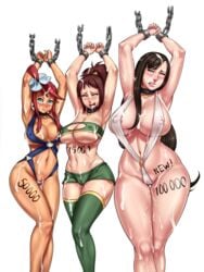 3girls alternate_breast_size arms_up auction avatar_the_last_airbender big_breasts bikini black_hair blue_eyes blush body_writing bondage breasts brown_eyes brown_hair bukkake cameltoe chained chains choker cleavage cleavage_cutout clitoris clitoris_slip clothing colored crossover cum cum_on_arms cum_on_belly cum_on_breasts cum_on_clothes cum_on_hair cum_on_legs cum_on_thighs cum_on_tongue eastern_and_western_character erect_nipples facial female female_only final_fantasy final_fantasy_vii flower hair_flower huge_breasts human jin_(avatar) large_breasts legoman long_hair multiple_females multiple_girls navel nintendo open_mouth pendant pokemon ponytail price prisoner pussy pussy_juice red_hair restrained shorts shunori skyla_(pokemon) slave_auction slave_market sling_bikini standing stockings thigh_gap thighhighs tied_hair tifa_lockhart tongue tongue_out underboob