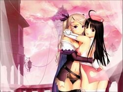 2girls ahoge ass back balcony beret black_hair black_thighhighs blush breast_press breasts bridal_gauntlets center_opening cleavage cloud dress elbow_gloves fantasy female female_only gloves grey_hair hair_ornament hair_ribbon hairclip hairpin hat heart hug large_breasts long_hair looking_back medium_breasts multiple_girls navel no_panties non-web_source off_shoulder original outdoors purple_eyes rabbit_tail red_eyes ribbon short_dress sideboob sky smile symmetrical_docking tail taka_tony thighhighs third-party_edit twintails watermark white_thighhighs yuri zettai_ryouiki