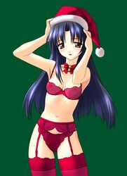 1girls bell blue_hair blush bra brown_eyes choker christmas collar female_only frilled_panties frills garter_belt hat kashiwagi_chizuru kizuato lingerie long_hair navel neck_bell norizou_type-r panties red_bra red_garter_belt red_panties red_thighhighs santa_costume santa_hat see-through solo standing thighhighs underwear underwear_only