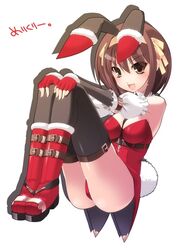 1girls animal_ears belt boots brown_eyes brown_hair buckle christmas christmas_outfit coattails elbow_gloves female female_only gloves hairband official_alternate_costume ohta_yuichi playboy_bunny rabbit_ears santa_costume solo suzumiya_haruhi suzumiya_haruhi_no_yuuutsu thighhighs