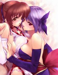 2girls ayane_(doa) back bare_shoulders blush breast_press breasts brown_eyes brown_hair cleavage couple dead_or_alive detached_sleeves dress elbow_gloves erect_nipples female gloves headband hug iizuki_tasuku incest japanese_clothes kasumi_(doa) kissing large_breasts multiple_girls obi ponytail purple_dress purple_hair purple_headband red_eyes restrained saliva saliva_trail sash short_hair siblings sisters symmetrical_docking tongue white_dress yuri