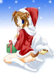 1girls animal_ears ass blue_eyes bottomless brown_hair candy christmas dog_ears dog_tail ebisu_senri female food hat inumimi komaki_manaka lollipop long_sleeves santa_costume santa_hat sitting socks solo swirl_lollipop tail to_heart_(series) to_heart_2 wariza white_socks