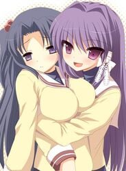 2girls breasts clannad female fujibayashi_kyou hair_intakes hikarizaka_private_high_school_uniform ichinose_kotomi large_breasts long_hair multiple_girls photoshop_(medium) purple_eyes purple_hair school_uniform two_side_up yukizuki_chikuba yuri