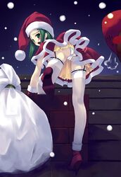 1girls back-seamed_legwear bent_over blush cameltoe christmas climbing embarrassed female garter_belt gloves green_eyes green_hair hat high_heels long_hair looking_back miniskirt murakami_suigun panties pantyshot santa_costume santa_hat seamed_legwear shoes skirt solo suzumiya_haruhi_no_yuuutsu thighhighs trefoil tsuruya underwear upskirt white_panties white_thighhighs