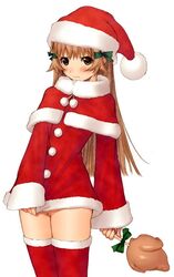 1girls angry blush breasts brown_eyes brown_hair capelet chicken_(food) christmas covering_crotch covering_privates female food human imageboard_desourced light-skinned_female light_skin long_hair non-web_source panties petite re_mii red_capelet santa_costume shirt_tug small_breasts solo taka_tony thighhighs underwear zoids zoids_genesis