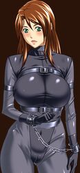 00s 1girls 2000s 2d 2d_(artwork) big_breasts black_package_try bondage boobs brown_hair cameltoe chains clothed_female cuffs female female_focus female_only full_body_suit game_cg gimp gimp_suit green_eyes kishuu_no_yakata latex_gloves latex_suit long_hair looking_at_viewer looking_back low_res lowres mesudo_no_kan saeki_hitomi_(kishuu_no_yakata) solo solo_female solo_focus