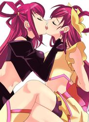 00s 2girls closed_eyes cure_dream dark_dream drooling dual_persona earrings female french_kiss jewelry kiss long_hair midriff multiple_girls pink_hair precure saliva tears tongue tongue_out yes!_precure_5 yumehara_nozomi yuri