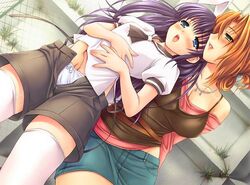 2girls alice_no_yakata_7 animal_ears arm_around_back blue_eyes blue_hair blush bow bow_panties brown_eyes brown_hair camisole cleavage female fingering game_cg hand_in_another's_panties hand_in_panties jewelry kagaya_touko kurashiki_mizuki kuroda_akimi miniskirt multiple_girls necklace panties pussy_juice rabbit_ears school_uniform serafuku shorts skirt suzumiya_keimu_shoukan tears thighhighs underwear unzipped white_panties white_thighhighs yuri