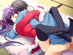 1boy 1girls ar_forgotten_summer bed blush boy_on_top christmas circus_disk_christmas_days clothed_sex dress female game_cg grey_eyes hat hetero hug leg_lock long_hair mating_press miniskirt missionary nanao_naru open_mouth orgasm purple_hair ribbon santa_costume screaming sex shirakawa_tsumire skirt smile thighhighs twintails