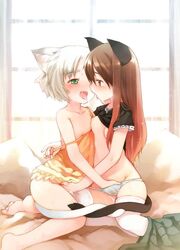 2girls animal_ears bad_id bad_pixiv_id barefoot blush breast_press breasts cat_ears cat_tail couple female fingering flat_chest gradient_hair green_eyes grey_hair hand_in_panties intertwined_tails kito_(sorahate) multicolored_hair multiple_girls mutual_fingering mutual_masturbation no_panties original panties pussy_juice saliva saliva_trail small_breasts striped_clothes striped_panties tail tail_wrap tears thighhighs tongue torogao underwear yuri