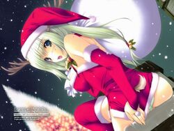 1girls antlers bell blonde_hair blush breasts christmas copyright_request covering_ass covering_privates dutch_angle elbow_gloves female gloves hat holly horns iizuki_tasuku jpeg_artifacts large_breasts looking_at_viewer looking_back night night_sky open_mouth panties photoshop_(medium) red_gloves santa_costume santa_hat sky snow solo striped_clothes striped_panties sweat tail thighhighs underwear