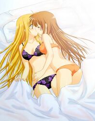 2girls bed bed_sheet blonde_hair bra cuddling fate_testarossa female foreplay happy kiss lingerie long_hair lyrical_nanoha mahou_shoujo_lyrical_nanoha_strikers multiple_girls panties pillow saki_chisuzu surprise_kiss surprised takamachi_nanoha underwear underwear_only very_long_hair wide-eyed yuri