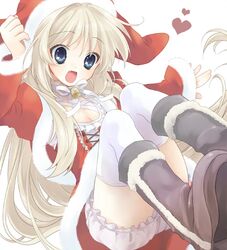 1girls blonde_hair bloomers blue_eyes boots christmas fang female fur_boots hat heart little_busters! long_hair noumi_kudryavka sacraneco santa_costume santa_hat solo thighhighs underwear white_bloomers white_thighhighs