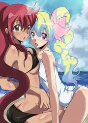 2girls alternate_hairstyle bikini female multiple_girls nia_teppelin one-piece_swimsuit one_piece_swimsuit tengen_toppa_gurren-lagann tengen_toppa_gurren_lagann yoko_littner yuri