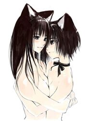 2girls animal_ears black_eyes black_hair black_ribbon cat_ears choker female hug kishiue_daisaku long_hair multiple_girls mutual_hug nude ribbon ribbon_choker short_hair simple_background smile topless white_background yuri