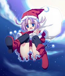 1girls blue_eyes boots christmas convenient_censoring falling female full_moon huge_moon long_sleeves moon mori_keiji night night_sky no_panties original purple_hair santa_costume short_hair sky solo star_(sky) starry_sky thighhighs upskirt