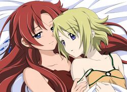 2girls anime_coloring asymmetrical_hair bare_shoulders blonde_hair blue_eyes closed_mouth collarbone earrings el_cazador_de_la_bruja ellis_(el_cazador_de_la_bruja) female hair_between_eyes hair_ornament hoop_earrings jewelry long_hair looking_at_another lying multiple_girls nadie on_back pale_skin parted_lips pulling_another's_clothes purple_eyes red_hair saipaco short_hair sleeveless smile spaghetti_strap strap_pull upper_body yuri