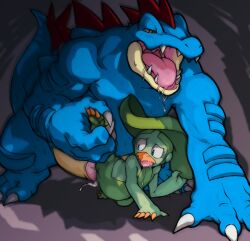 akuma4z8 ambiguous_gender anthro balls big_penis cum cum_inside feraligatr lombre looking_pleasured penis pokémon_(species) pokemon pokemon_(species) saliva saliva_trail scalie size_difference tagme