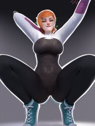 1girls ben_10 bodysuit breasts cosplay female female_only gwen_tennyson large_breasts looking_at_viewer marvel orange_hair popogori solo spider-gwen_(cosplay) squatting