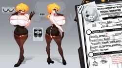 big_breasts breasts character_profile character_sheet cleavage female_only glasses keiko_(sachiko2s) orange_hair ripped_pantyhose sachiko skirt tagme