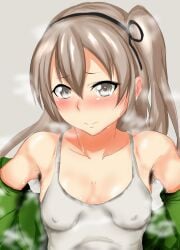 1girls armpit_hair armpits blush breasts brown_hair covered_erect_nipples female female_armpit_hair female_only girls_und_panzer grey_eyes hairy_armpits heavy_breathing iwanishi jacket long_hair looking_at_viewer off_shoulder shimada_arisu small_breasts solo steaming_body sweat sweat_stain tank_top