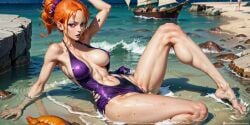 1girls ai_generated arm_over_head beach dress female female_only hoeyuga laying_in_water leaning_back muscular_abs nami one-piece_swimsuit one_piece orange_hair post-timeskip purple_scrunchie purple_swimsuit wallpaper