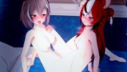 2girls 3d bed blush breasts brown_hair hakos_baelz hololive hololive_english hololive_english_-council- hololive_english_-promise- looking_pleasured mouse_ears nanashi_mumei nipples nude red_hair scissoring sex sweat tongue_out virtual_youtuber wataamage yuri